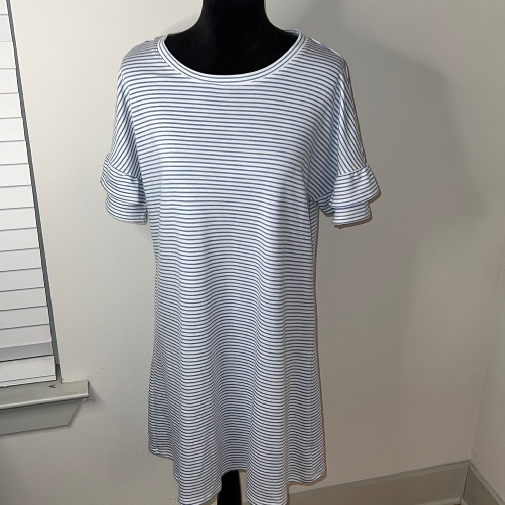 COMO Vintage blue white striped shift dress flutter short sleeves Sz XL